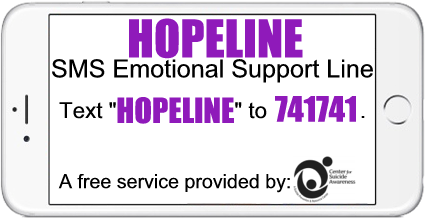 Hopeline SMS emotional support line; text 'hopeline' to 741741